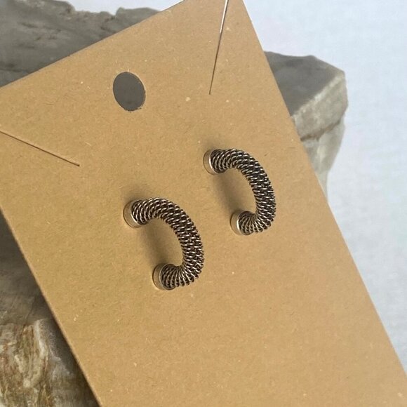 Oxidized Sterling Silver 925 Pap Twisted Braid Half Hoop Earrings 14K Gold Post - Picture 9 of 16